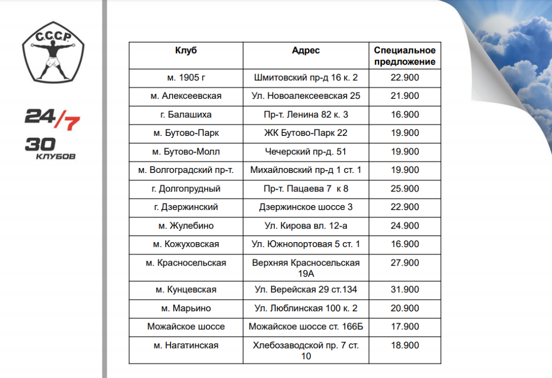 Обновленные цены на абонементы в фитнес-клубы С.С.С.Р на апрель